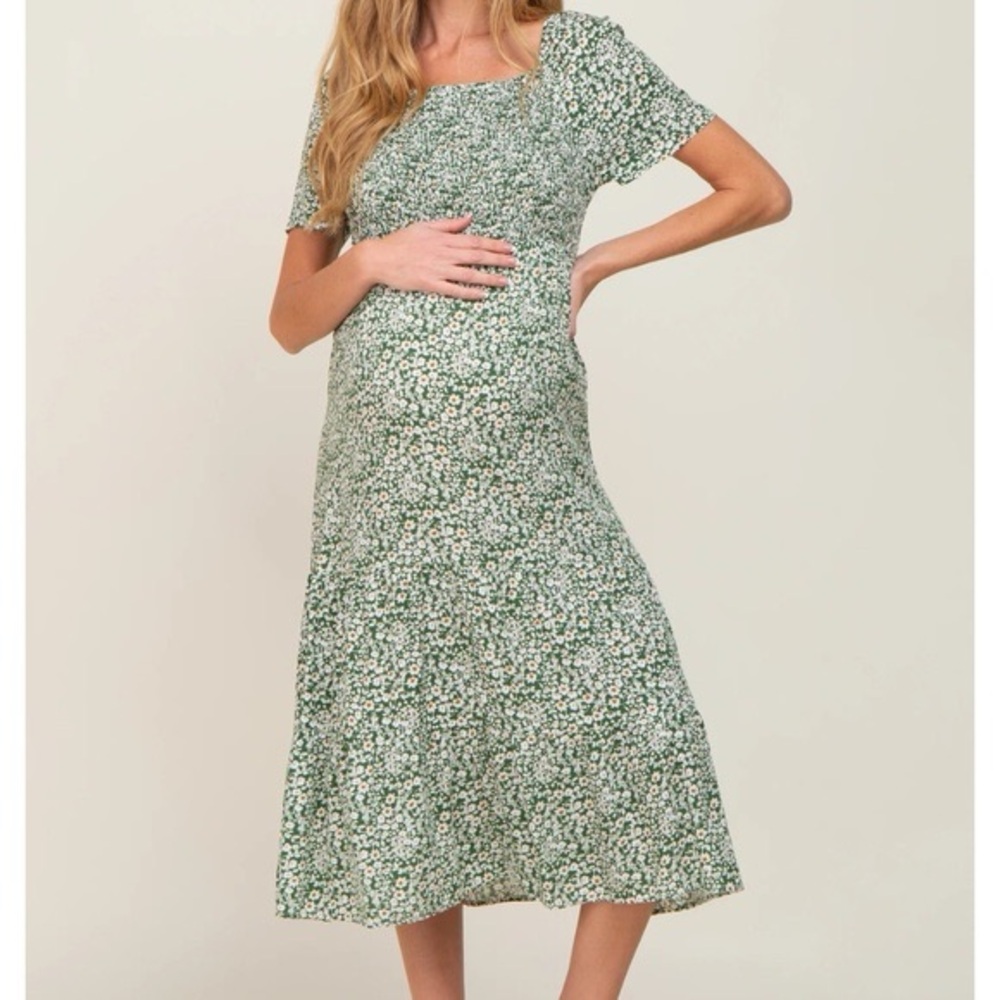 Pink blush Green Floral Smocked Off Shoulder Maternity Midi Dress